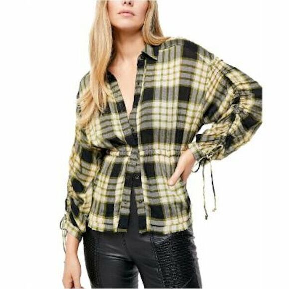Free People Tops - Free People Top Womens Small Green Frayed Plaid 3/4 Sleeve Button Front Shirt